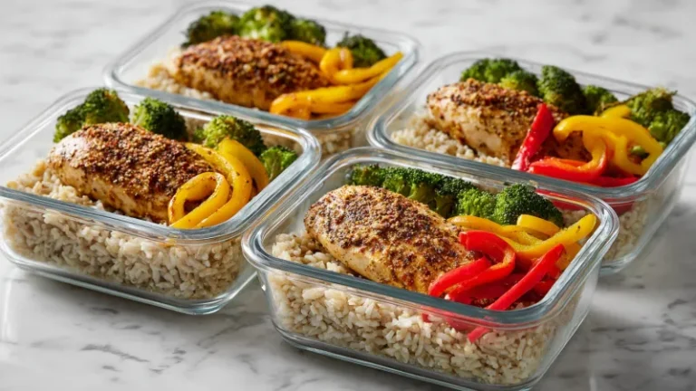 Easy High Protein Chicken Meal Prep (30g Per Serving) 12 Five High Protein Chicken Meal Prep containers with baked chicken breast, brown rice, and roasted vegetables on marble counter