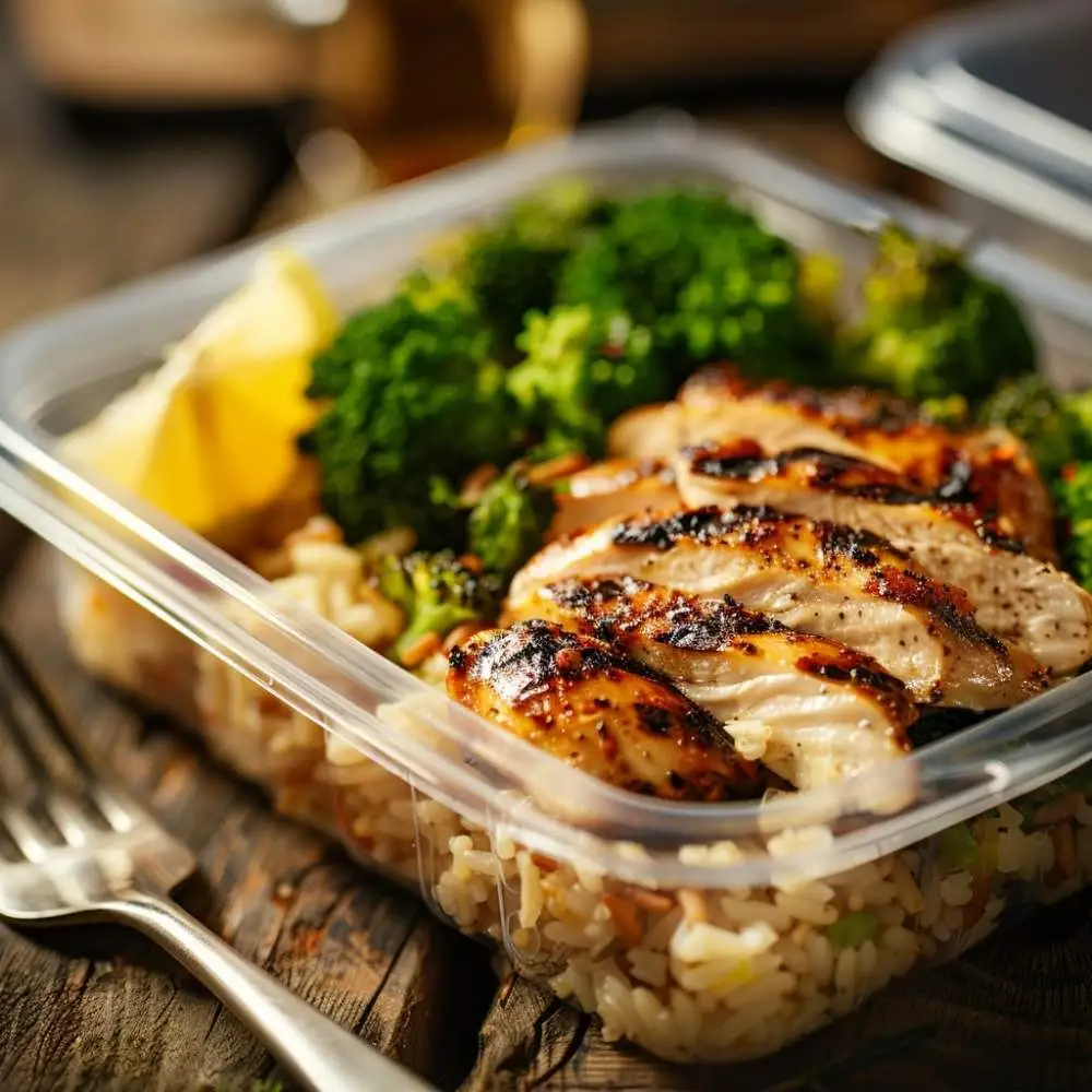 Prepared high protein meal with grilled chicken, brown rice and broccoli ready to eat