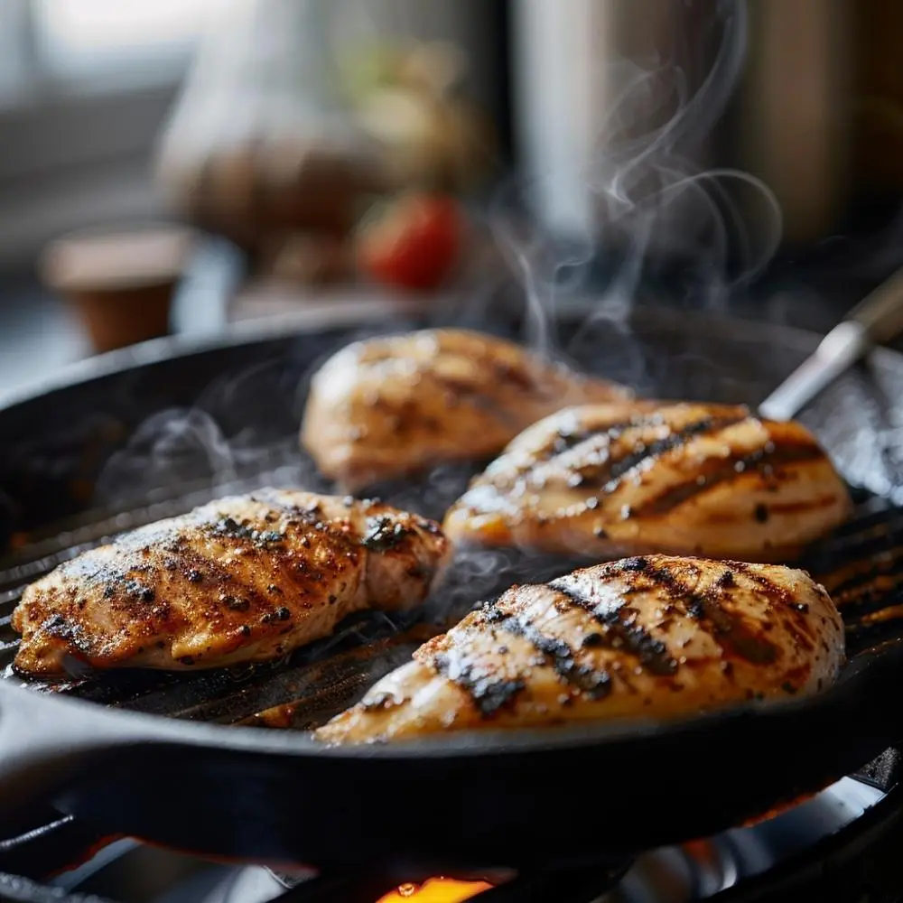 Grilled chicken breasts cooking on grill pan for high protein meal prep