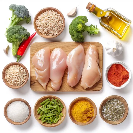 Raw ingredients for high protein chicken meal prep including chicken breasts, brown rice, broccoli, bell peppers, and spices