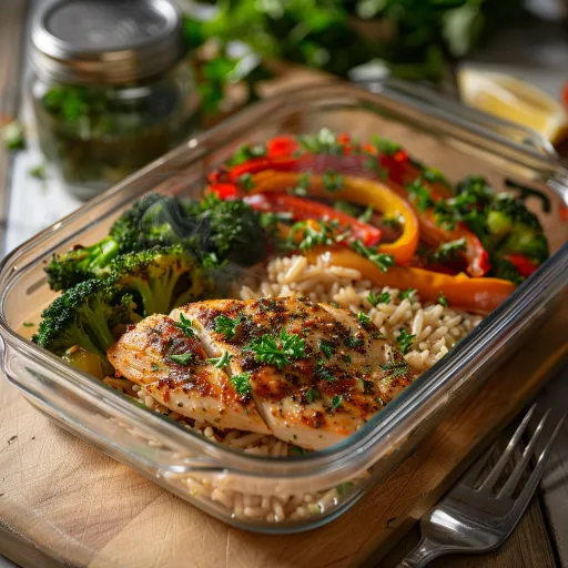 Prepared high protein meal with grilled chicken, brown rice and broccoli ready to eat