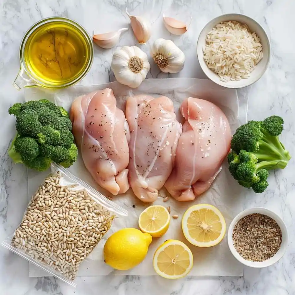 Ingredients for high protein meal prep - chicken breasts, brown rice, broccoli, olive oil
