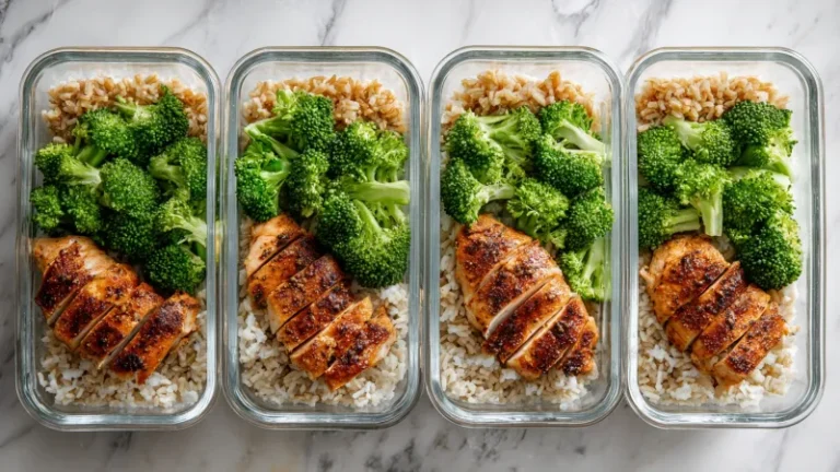 High Protein Meal Prep for the Week (5 Days, 30g Per Meal) 7 Five glass containers with high protein meal prep - grilled chicken, brown rice, and broccoli for the week