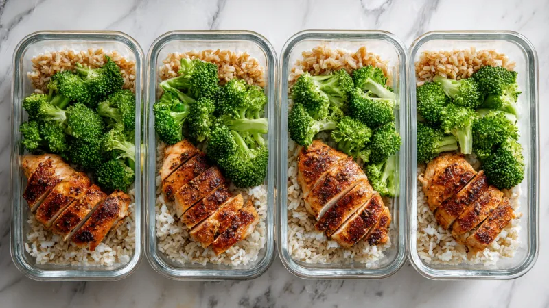 Five glass containers with high protein meal prep - grilled chicken, brown rice, and broccoli for the week