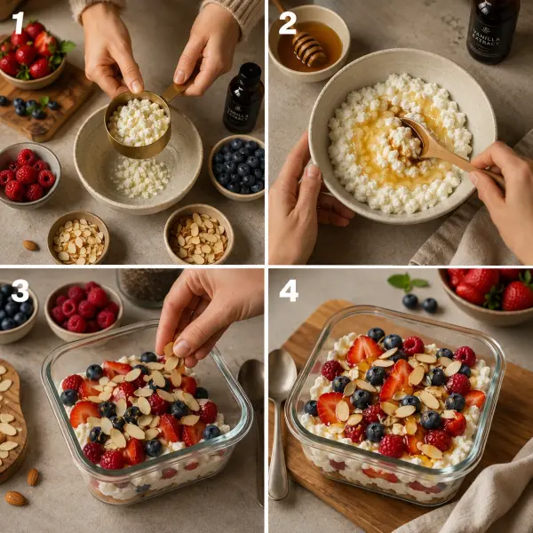 High Protein Cottage Cheese Breakfast Meal Prep (No Cook, 5 Days) 4 layering cottage cheese with berries and granola in meal prep containers without cooking required