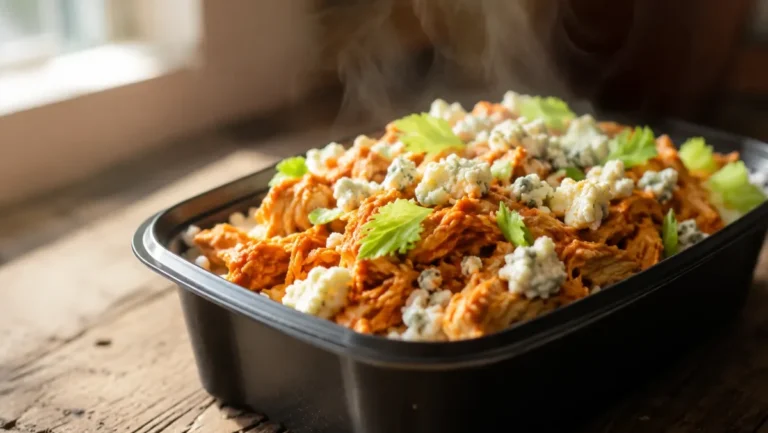 Buffalo chicken meal prep bowls with high protein content arranged in glass containers ready for the week