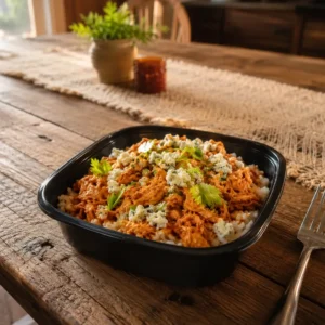 Buffalo chicken meal prep bowls served in individual portioned containers with rice, vegetables, and blue cheese dressing