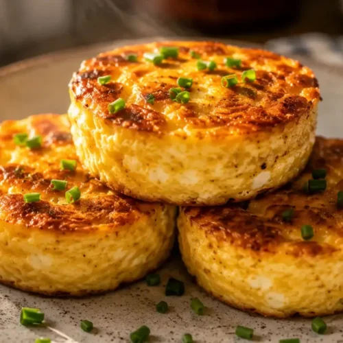 Cottage Cheese Egg Bites stacked on a plate showcasing fluffy, golden-brown protein-packed bites.