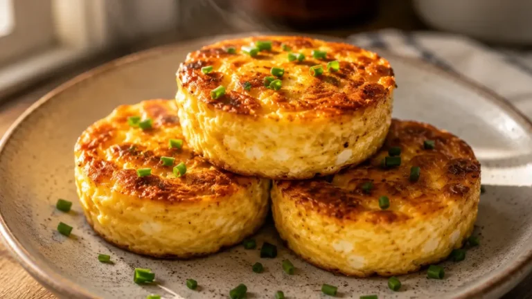Cottage Cheese Egg Bites stacked on a plate showcasing fluffy, golden-brown protein-packed bites.