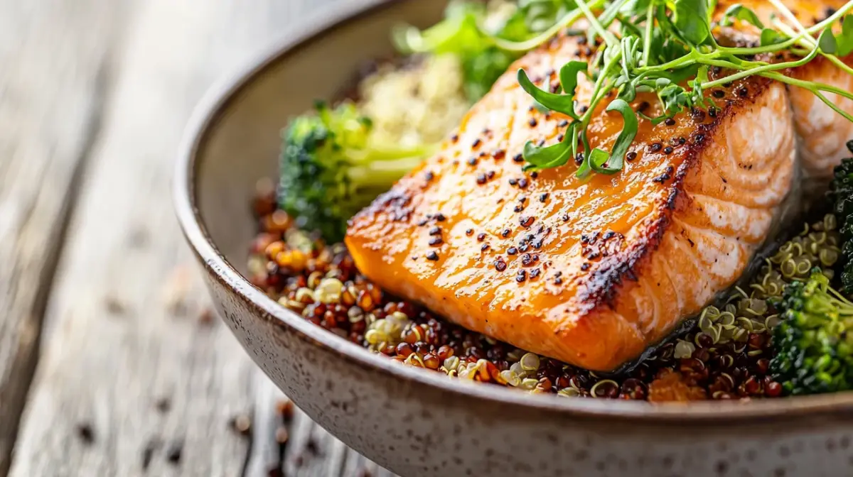Easy High Protein Salmon Meal Prep Bowls (5 Days, 35g Protein) 3 Salmon Meal Prep Bowls with quinoa, roasted vegetables, and fresh greens displayed