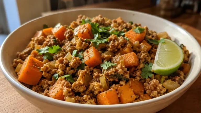 Ground turkey and sweet potato skillet with colorful vegetables in a cast iron pan, ready to eat.