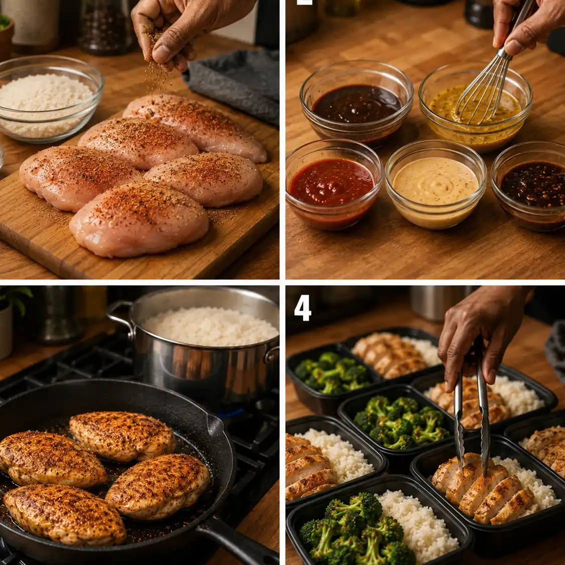 High Protein Chicken and Rice Meal Prep - 5 Sauce Variations (Simple & Cheap) 4 Cooking steps