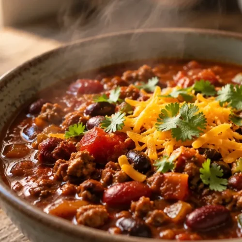 High protein chili meal prep simmering in a large pot with beans, ground turkey, and spices.