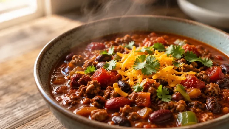 High protein chili meal prep simmering in a large pot with beans, ground turkey, and spices.