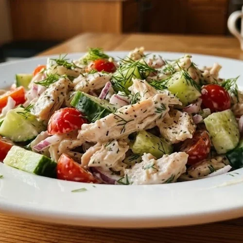 High Protein Greek Yogurt Chicken Salad (No Mayo, Meal Prep) 6 Greek yogurt chicken salad served in a white bowl with fresh vegetables and herbs visible