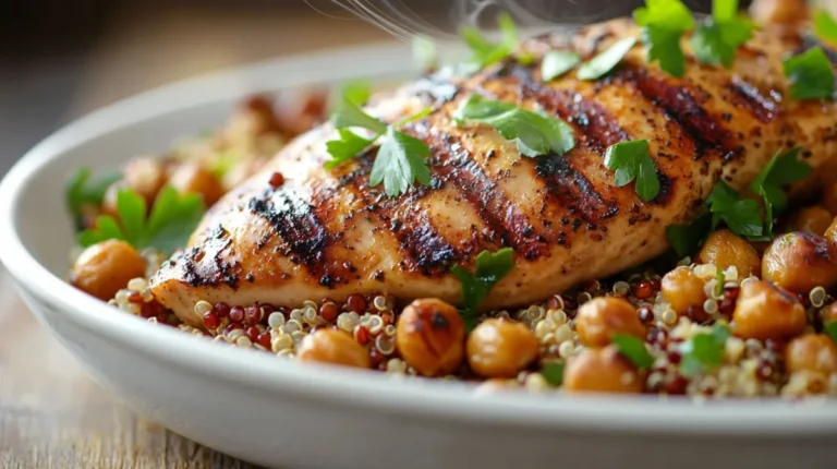 Grilled chicken breast served with quinoa and chickpeas, a healthy high protein meal under $5.