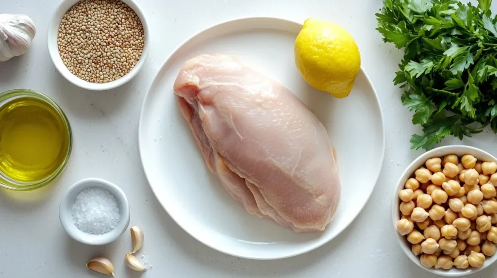 Ingredients for Greek yogurt chicken salad including chicken breast, chickpeas, olive oil, lemon, garlic, and parsley.