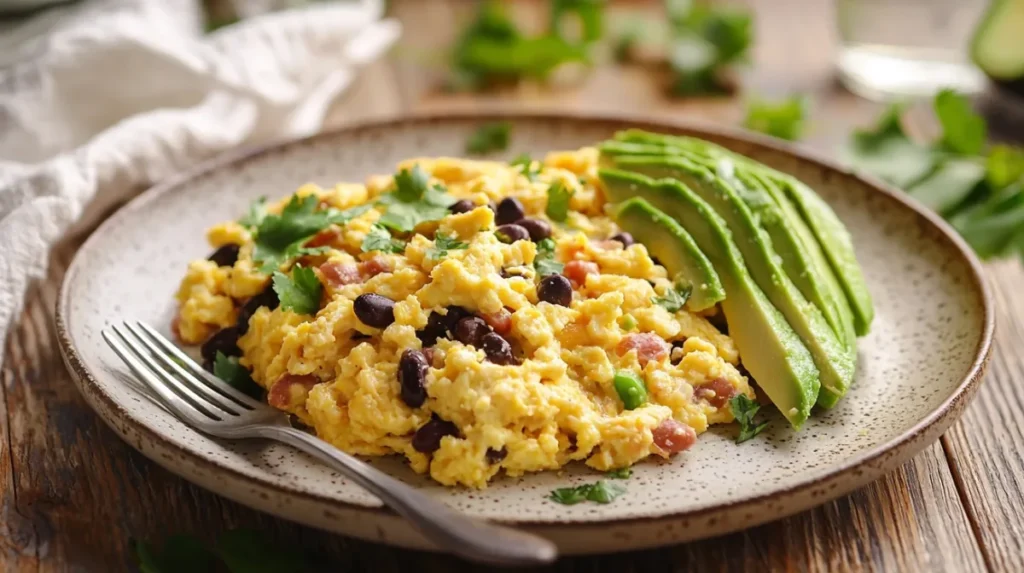 Cottage cheese egg scramble with black beans and avocado, a high protein breakfast under $5.