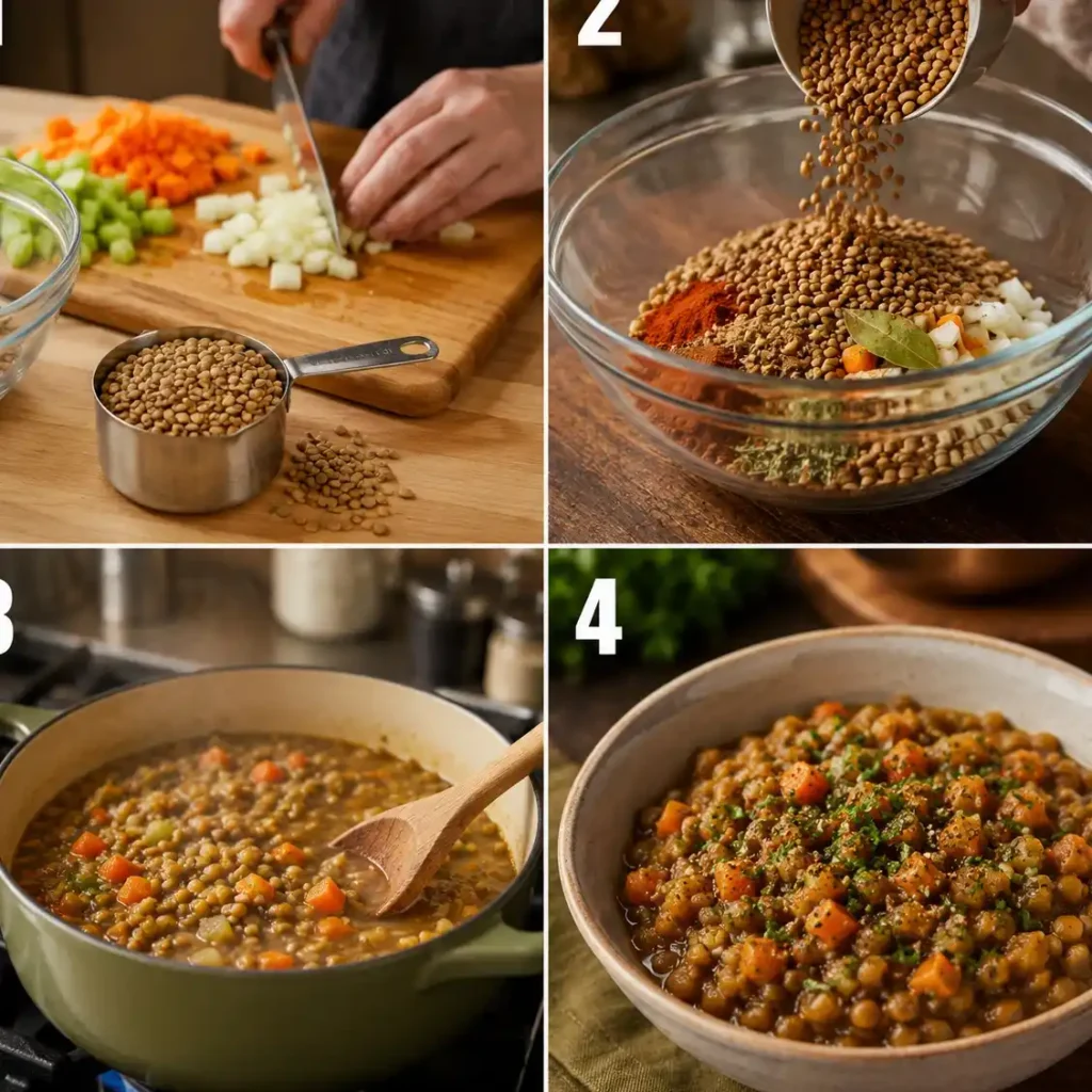 High Protein Meals Under $5 recipe showing lentil and chicken thigh curry preparation in four easy cooking steps.