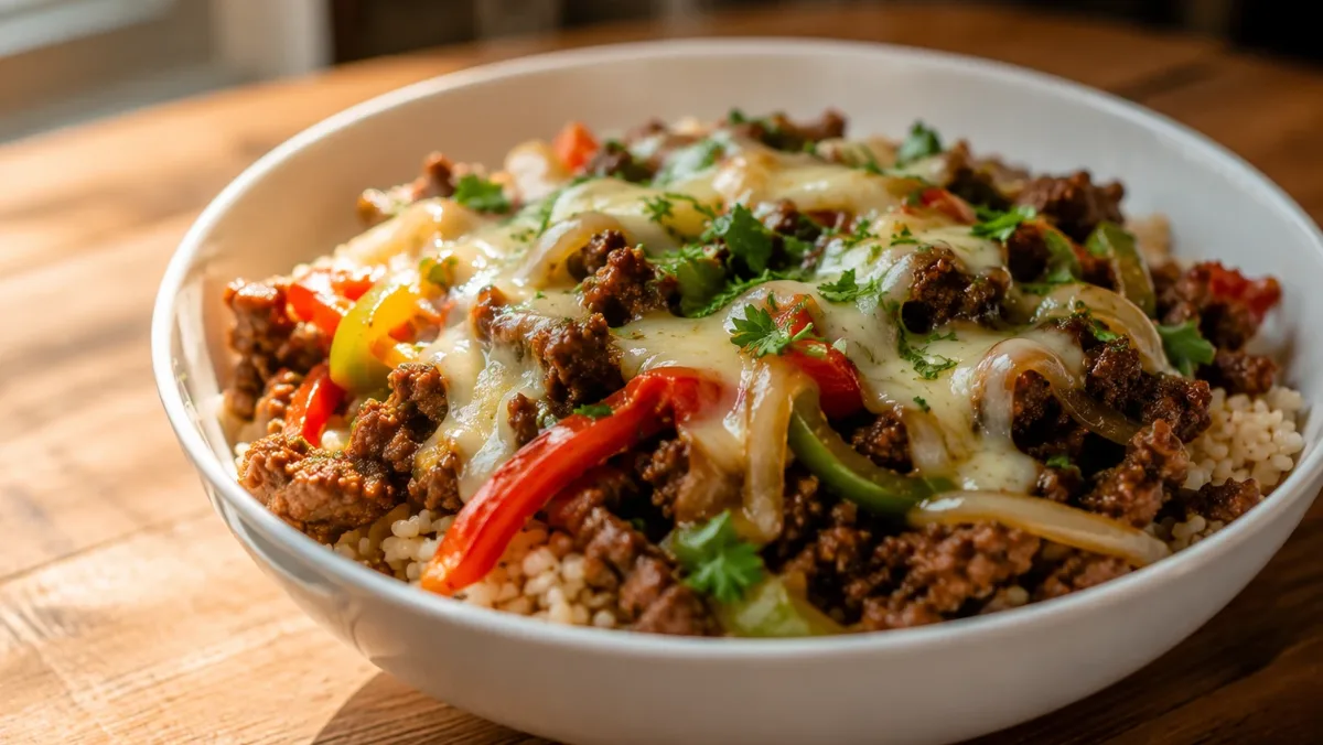 Philly cheesesteak bowl meal prep with sliced beef, melted cheese, and fresh vegetables