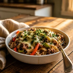 Assembled philly cheesesteak bowl meal prep container with protein, veggies, and melted cheese ready to eat