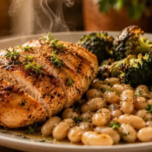 High protein sheet pan meal prep with seasoned chicken, roasted vegetables, and quinoa ready to serve