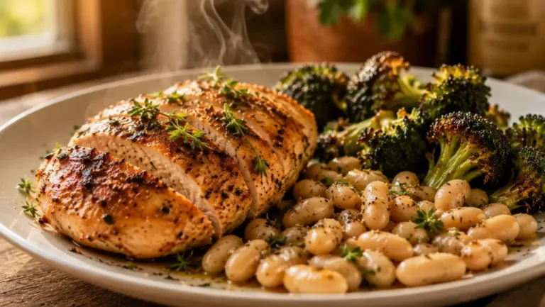 High protein sheet pan meal prep with seasoned chicken, roasted vegetables, and quinoa ready to serve