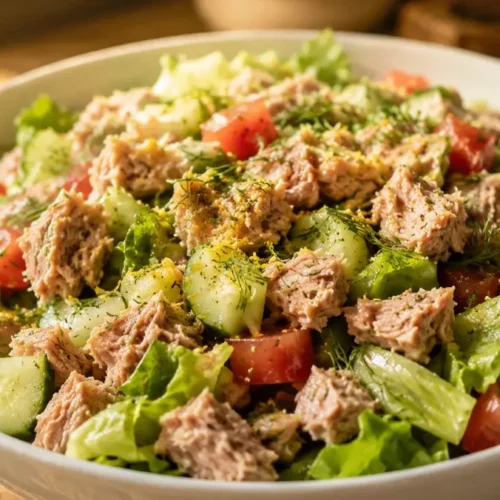 High protein tuna salad served in a glass bowl with fresh greens and vegetables