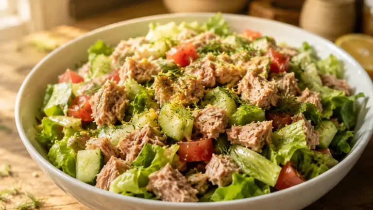 High protein tuna salad served in a glass bowl with fresh greens and vegetables