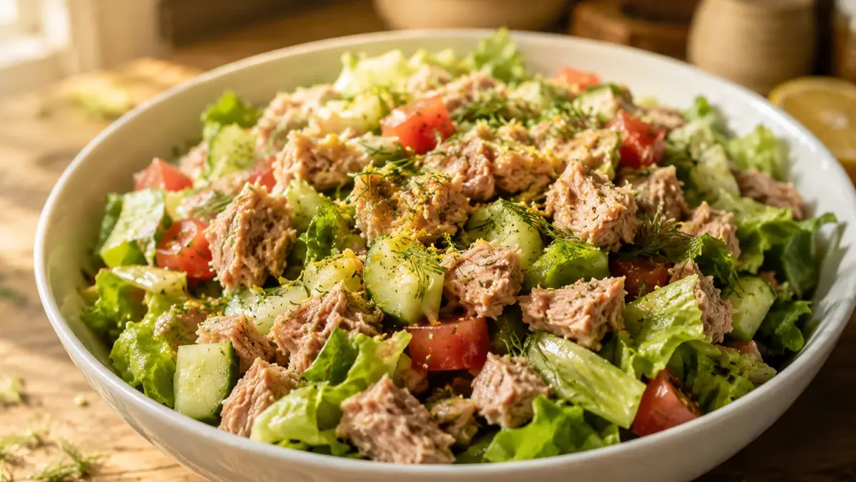 High protein tuna salad served in a glass bowl with fresh greens and vegetables