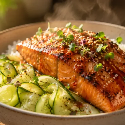 Honey sriracha salmon bowl meal prep with glazed salmon, rice, and fresh vegetables arranged