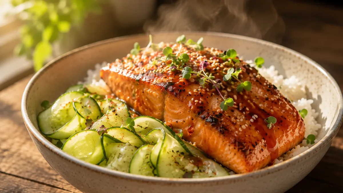 Honey sriracha salmon bowl meal prep with glazed salmon, rice, and fresh vegetables arranged