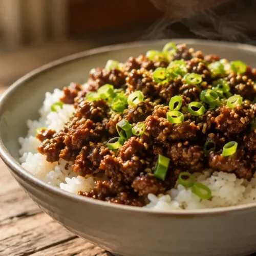 korean beef bowl meal prep with seasoned ground beef, rice, and fresh vegetables ready