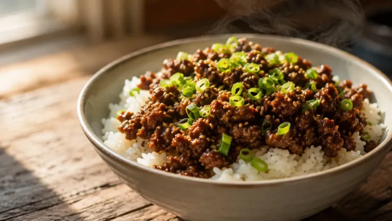 korean beef bowl meal prep with seasoned ground beef, rice, and fresh vegetables ready