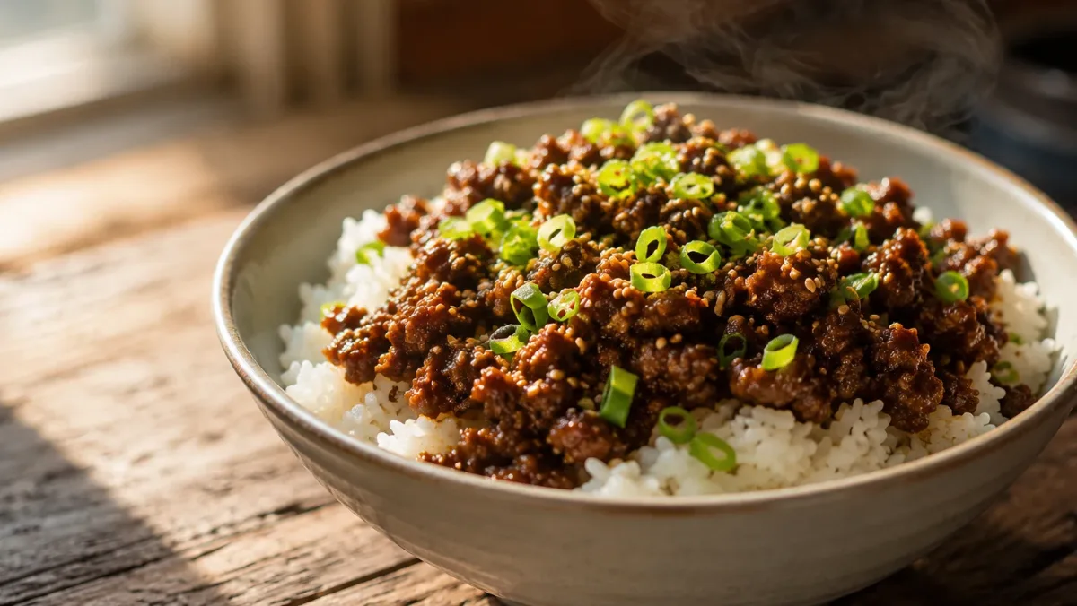 korean beef bowl meal prep with seasoned ground beef, rice, and fresh vegetables ready