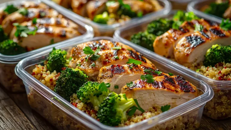 high protein meal prep containers filled with chicken, rice, and vegetables for weekly meals