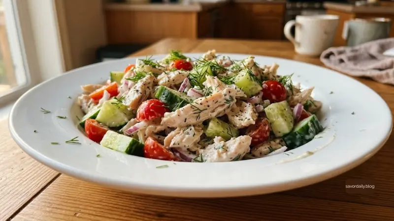 High Protein Greek Yogurt Chicken Salad (No Mayo, Meal Prep) 1 Greek yogurt chicken salad served in a white bowl with fresh vegetables and herbs visible