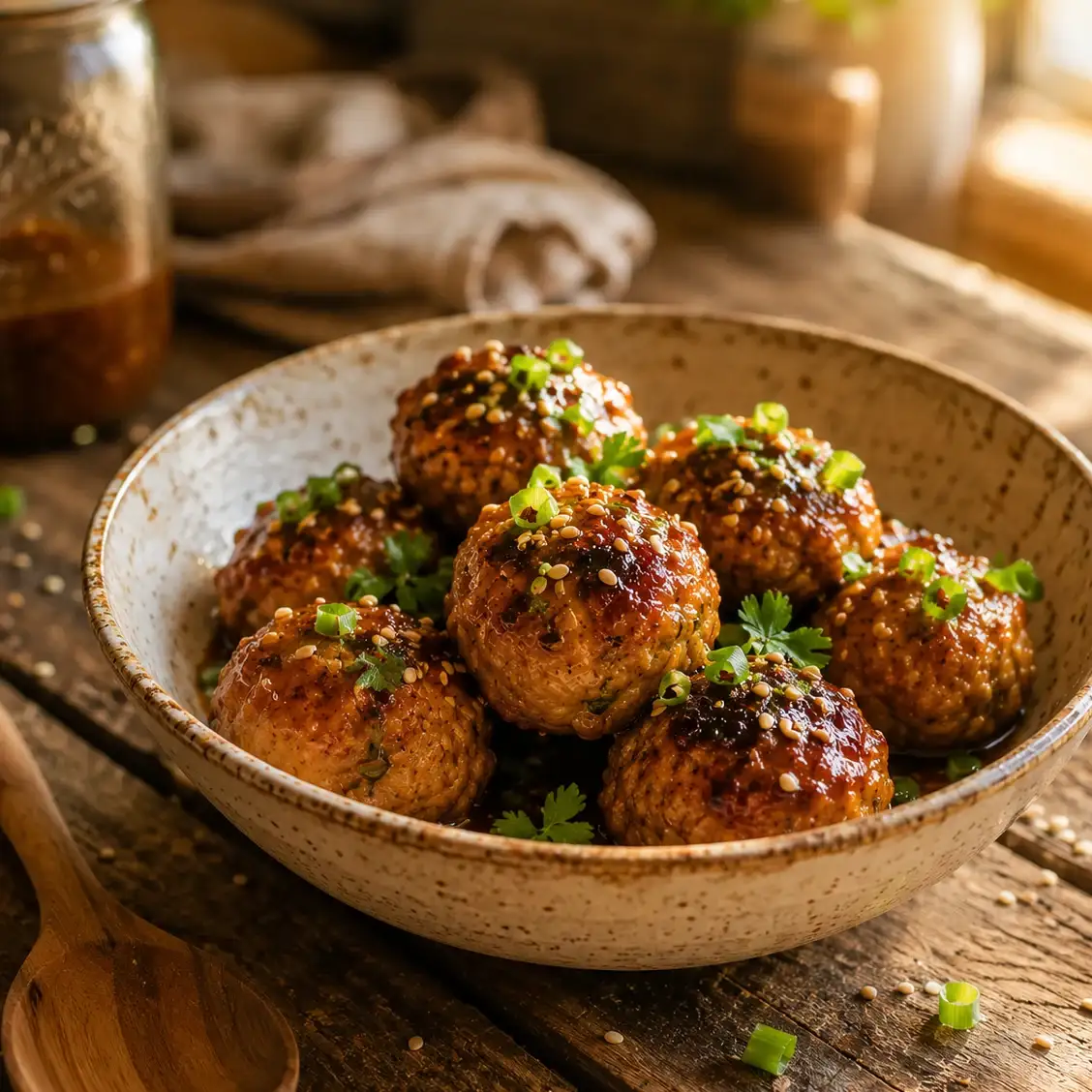portioned Teriyaki Salmon Meatballs meal prep containers filled with teriyaki glazed meatballs and steamed vegetables for weekly meals