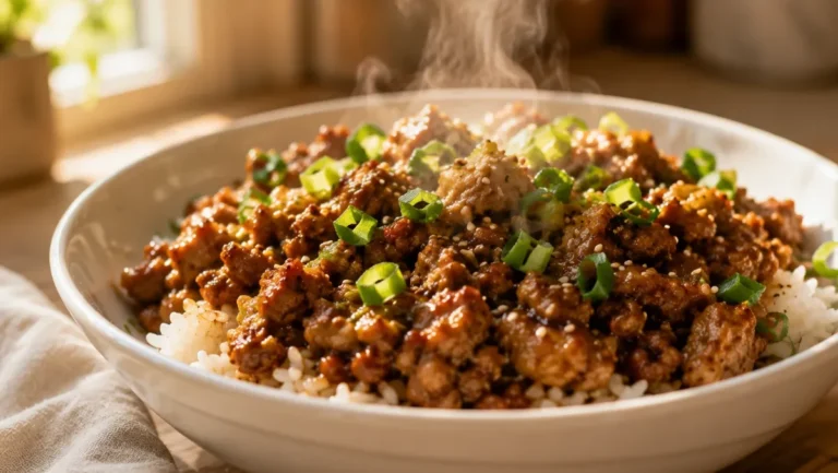 Teriyaki Ground Turkey Rice Bowls topped with sesame seeds and green onions, ready to eat