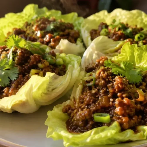 Asian Ground Beef Lettuce Wraps Meal Prep (Low Carb, High Protein) 6 Ground beef lettuce wraps meal prep containers filled with seasoned Asian-style cooked beef and fresh crisp lettuce leaves