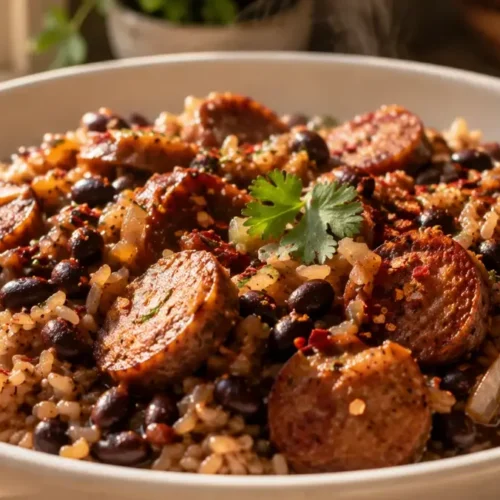 Black Beans and Rice with Sausage (Cheap High Protein Meal Prep) 6 Black beans and rice with sausage served in a white bowl, a hearty high-protein meal prep dish