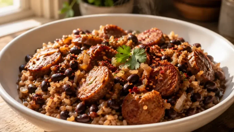 Black beans and rice with sausage served in a white bowl, a hearty high-protein meal prep dish