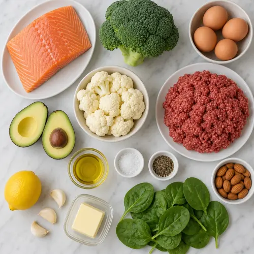 Keto High Protein Meal Prep for Weight Loss (Low Carb, 5 Days) 3 Raw chicken breasts, broccoli florets, cauliflower rice, eggs, avocado, and olive oil arranged flat