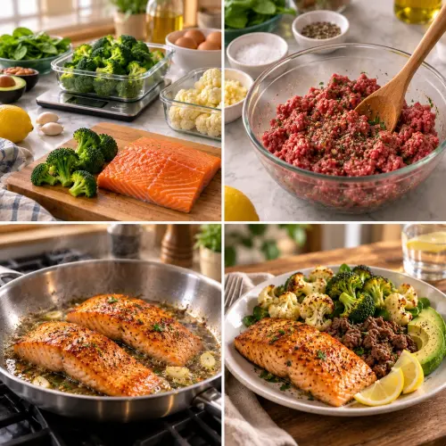 Keto High Protein Meal Prep for Weight Loss (Low Carb, 5 Days) 4 Grilled chicken breast being cooked on skillet with seasoning, creating golden brown surface and juices
