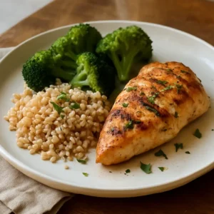 Budget chicken meal prep featuring seasoned grilled chicken breasts with rice and vegetables for five days