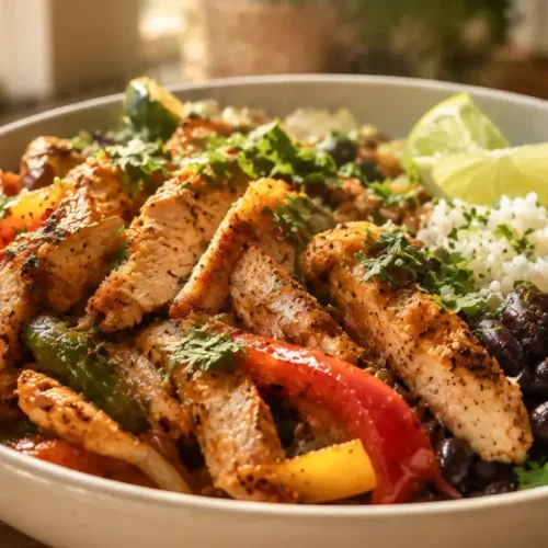 Chicken Fajita Meal Prep Bowls (Easy Beginner Recipe, 30g Protein) 4 Chicken Fajita Meal Prep Bowls with grilled chicken, peppers, rice, and fresh toppings.