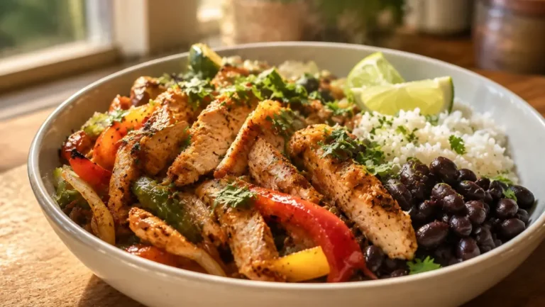 Chicken Fajita Meal Prep Bowls with grilled chicken, peppers, rice, and fresh toppings.