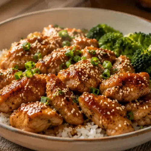 Easy Sesame Chicken Meal Prep (Healthier Than Takeout, High Protein) 5 Sesame Chicken Meal Prep containers filled with golden glazed chicken and fresh vegetables