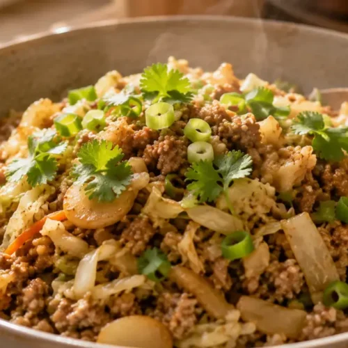 Egg Roll in a Bowl served in a white bowl showing ground meat and cabbage mixture
