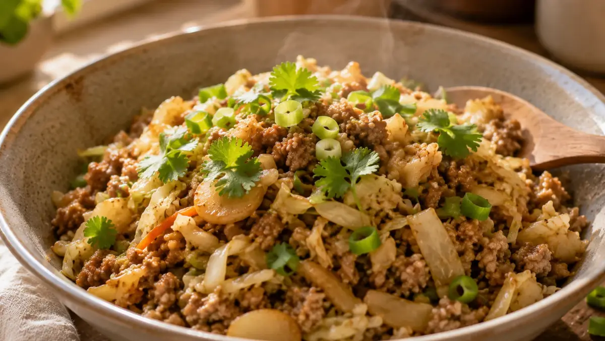 Egg Roll in a Bowl served in a white bowl showing ground meat and cabbage mixture